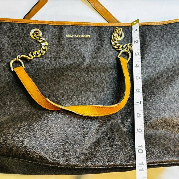 Michael Kors Jet Set Travel Brown Logo Coated Canvas Chain Tote Bag - Picture 12 of 16